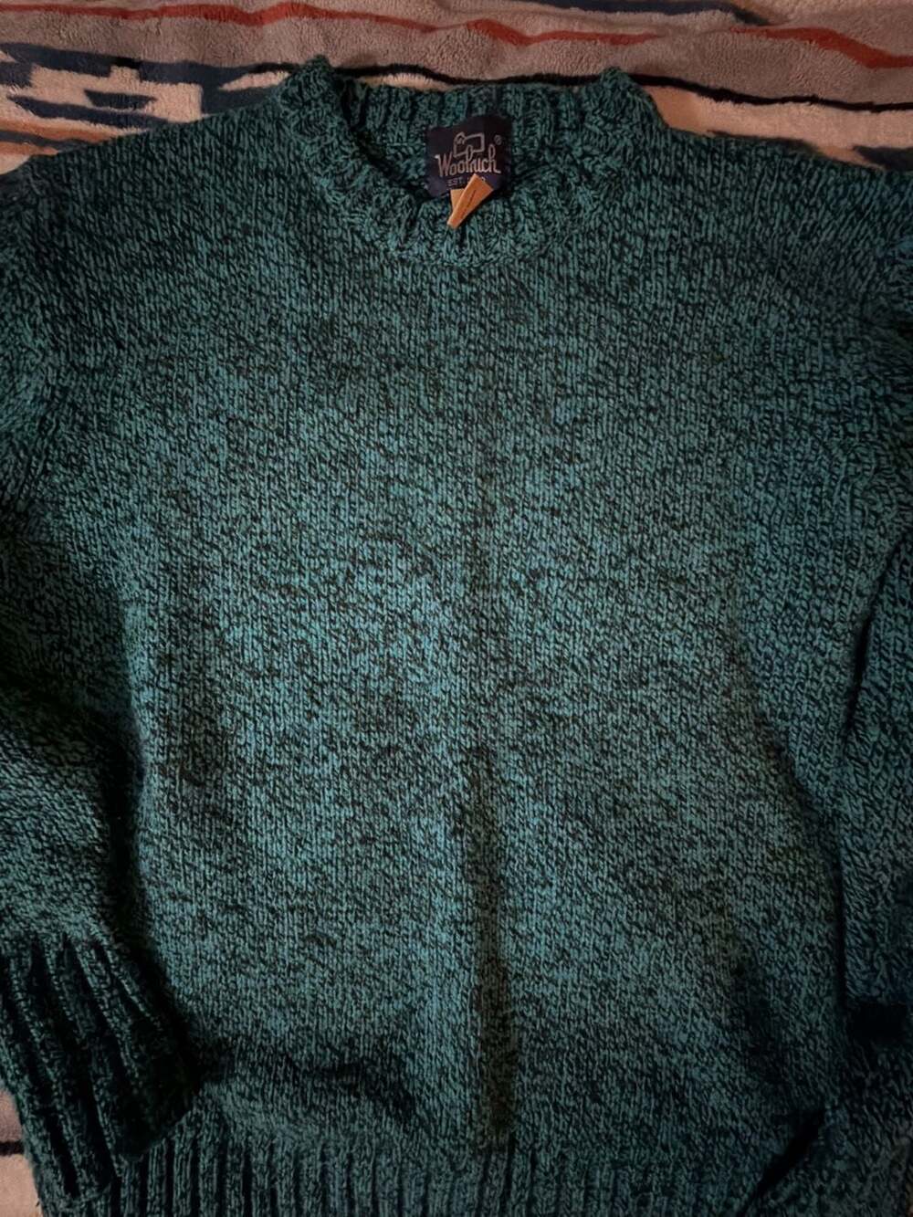 Woolrich Wool Sweater Size M Teal Black Vintage Crewneck 9111
